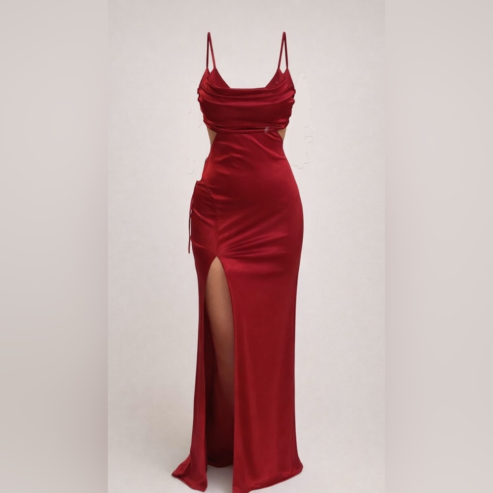 Red Cutout Satin Maxi Dress with Thigh Slit